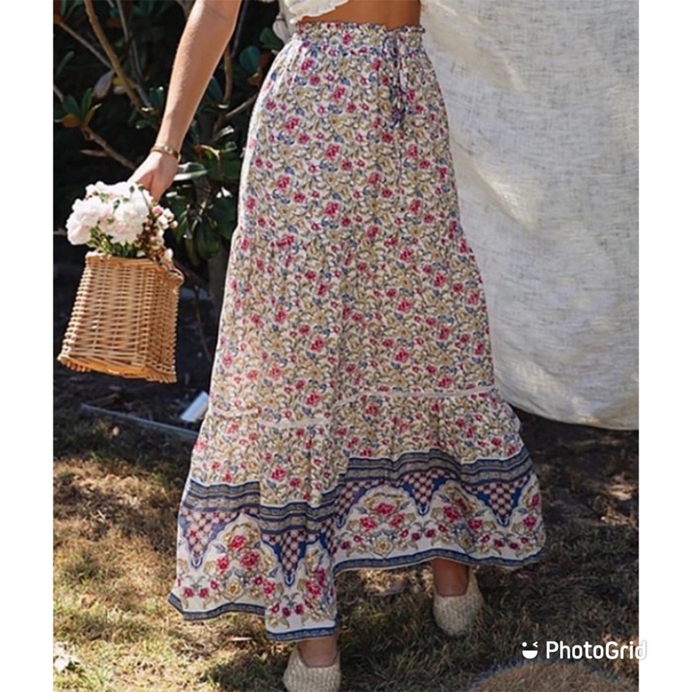 White Floral Ruffle Hem Maxi Skirt - NWT